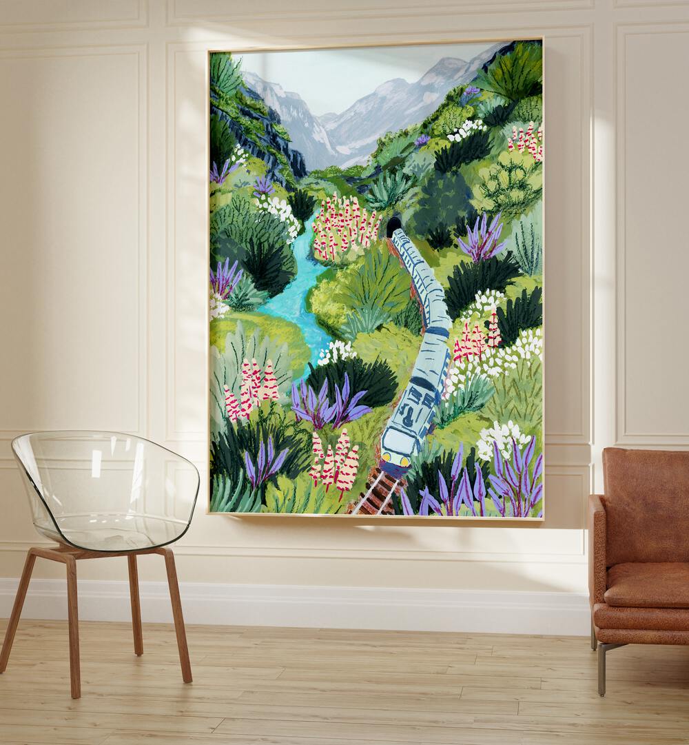 Train Travel By Sarah Gesek Landscape Art Prints in Oak Wood Plain Frame placed on a wall between a sofa and a chair