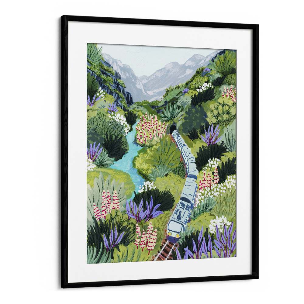 Train Travel By Sarah Gesek Landscape Art Prints in Black Frame With Mount