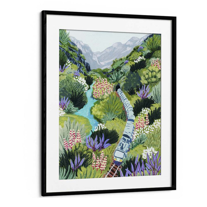 Train Travel By Sarah Gesek Landscape Art Prints in Black Frame With Mount