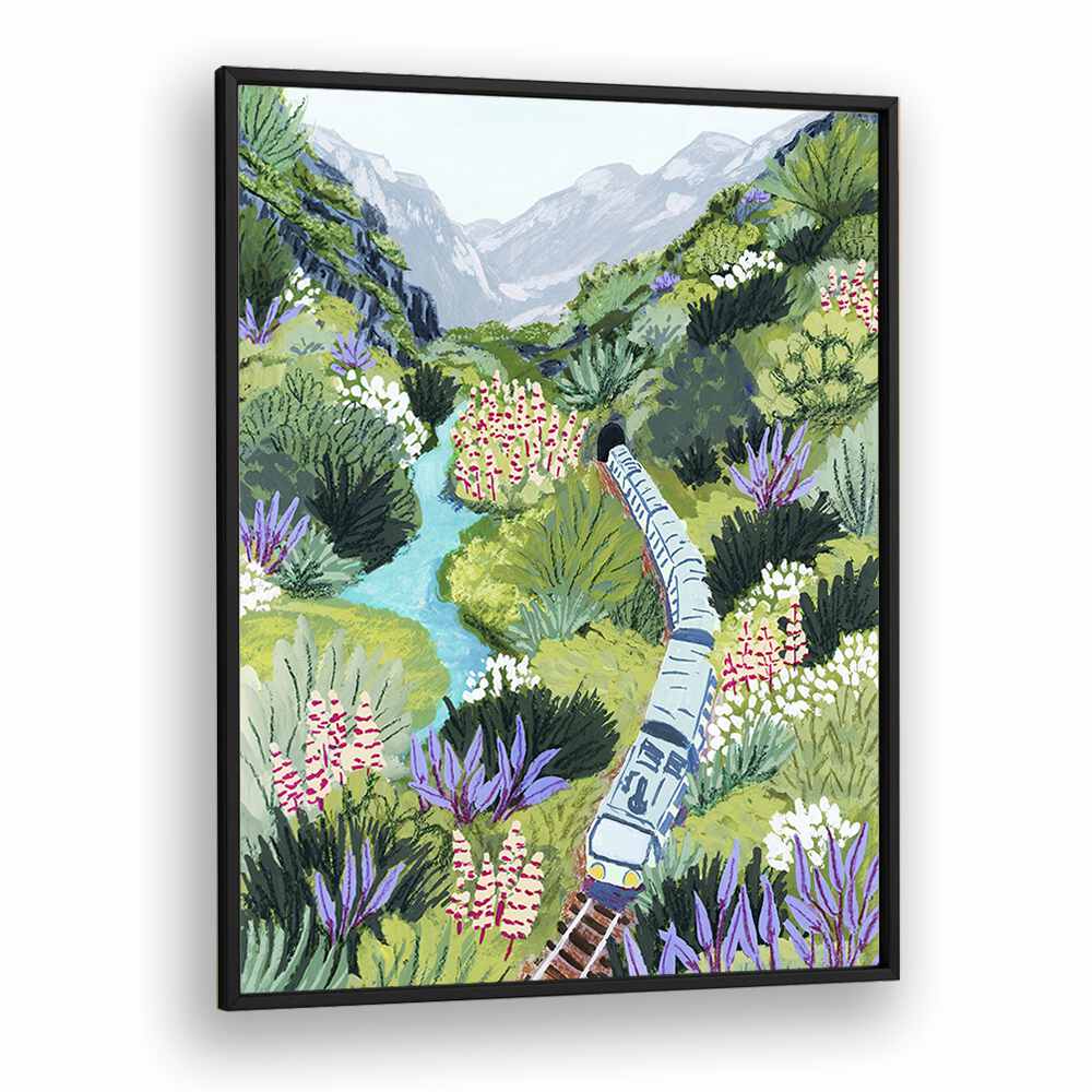 Train Travel By Sarah Gesek Landscape Art Prints in Black Plain Frame