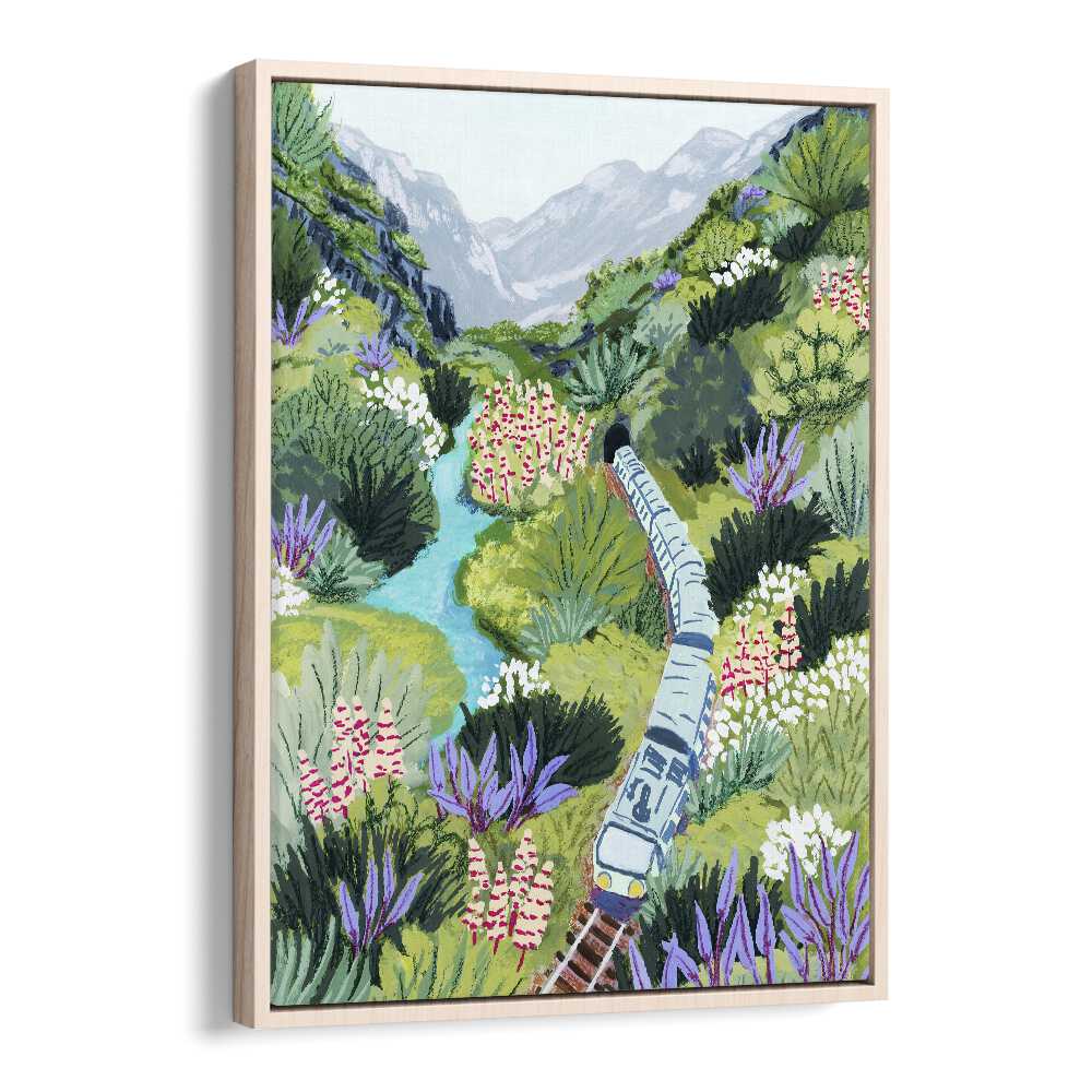 Train Travel By Sarah Gesek Landscape Art Prints in Oak Wood Floater Frame