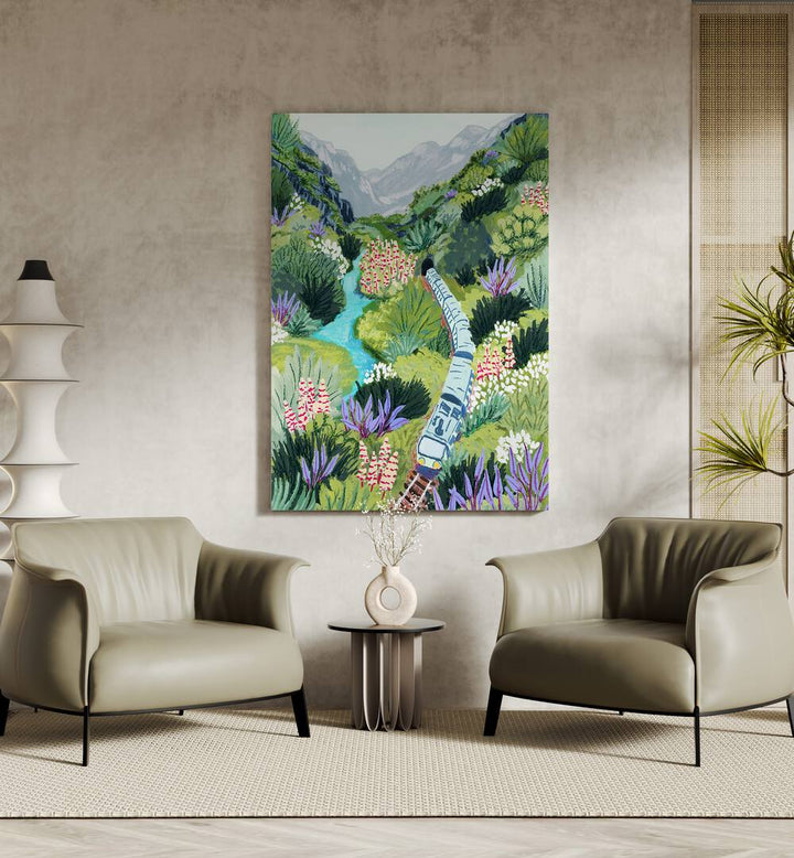 Train Travel By Sarah Gesek Landscape Art Prints in Gallery Wrap placed on a wall behind two sofas and a table