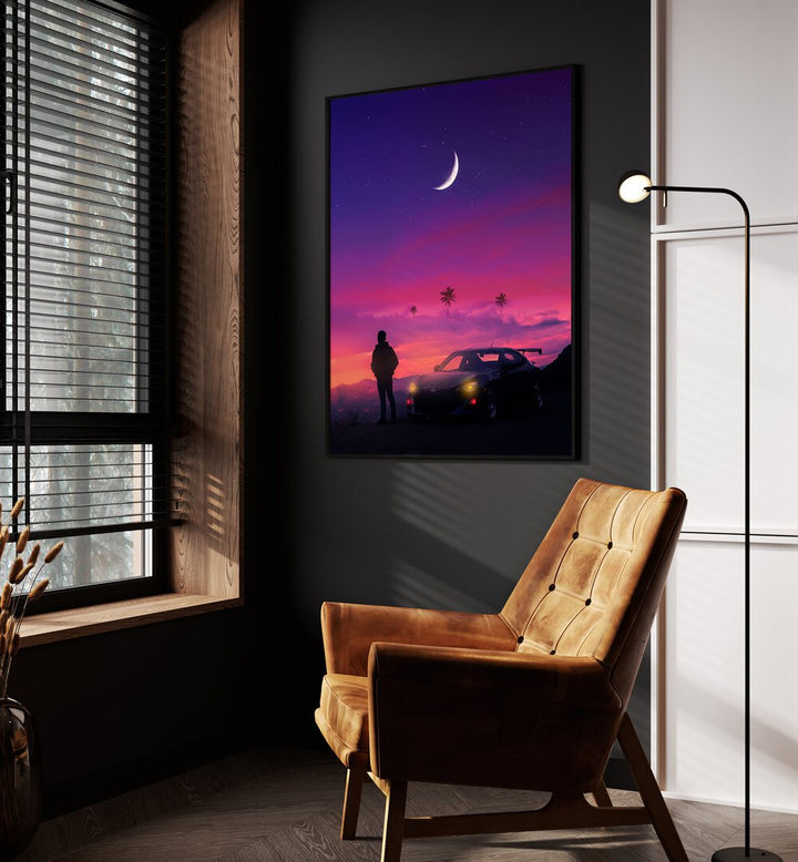 Tranquil View By Ritvik Takkar Surrealism in Black Plain Frame placed on a Dark Grey Colored Wall in the Drawing Room