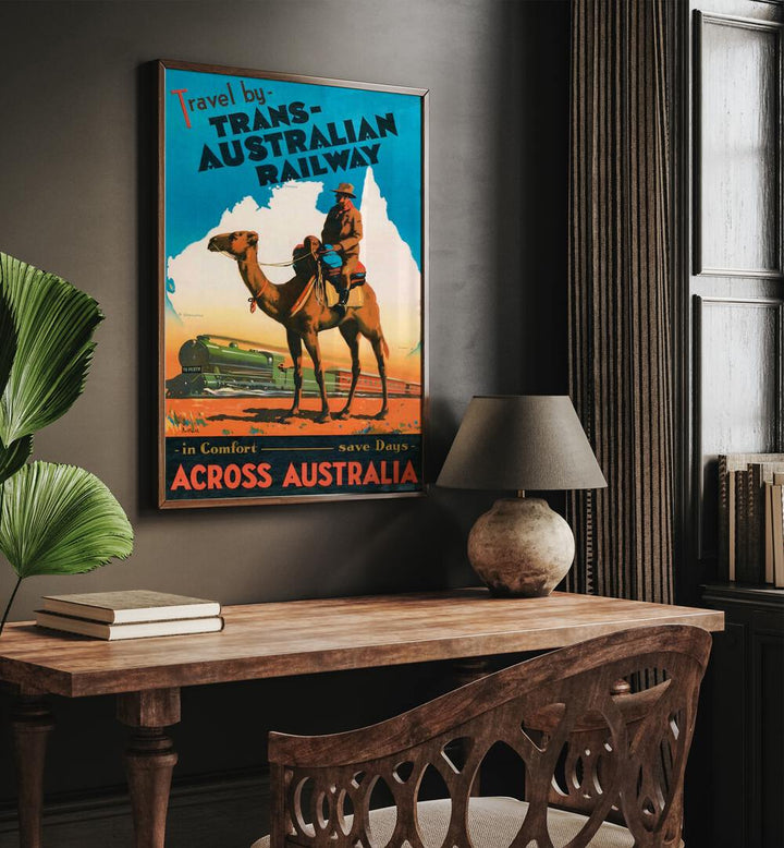 Trans Australian Railway  Retro Travel Posters in Oak Wood Plain Frame placed on a wall behind a study table