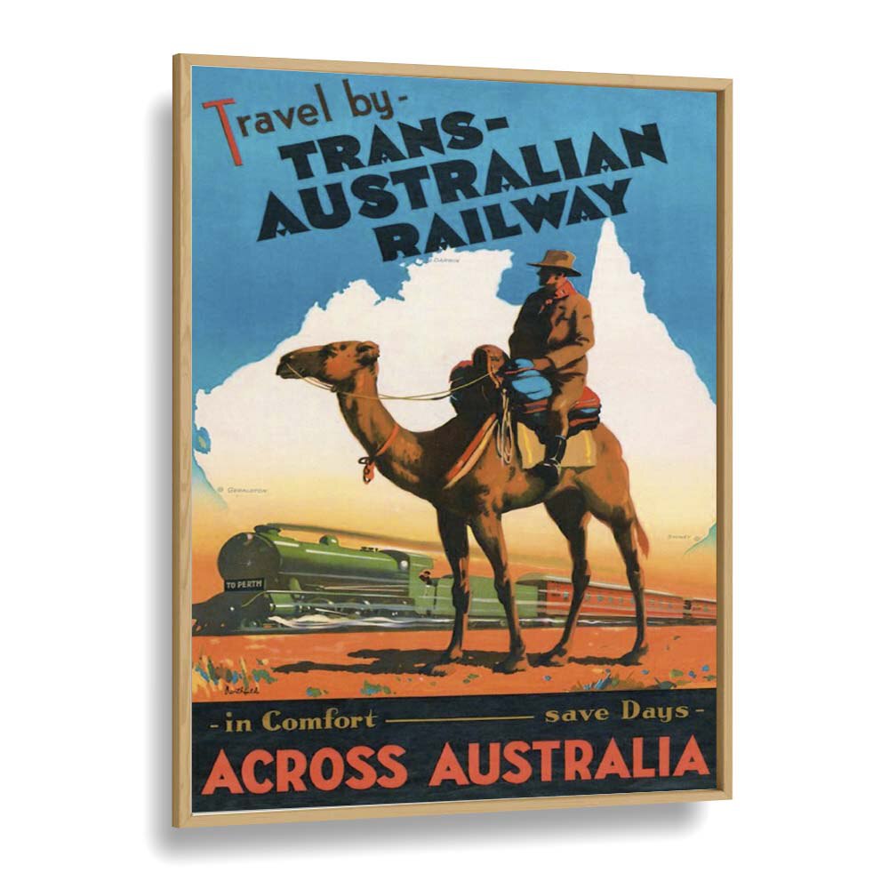 Trans Australian Railway  Retro Travel Posters in Oak Wood Plain Frame