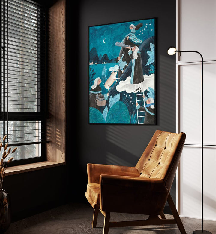 Travel Through The Night By Caroline Bonne Muller Kids Room Paintings in Black Plain Frame on  black wall beside an orange sofa