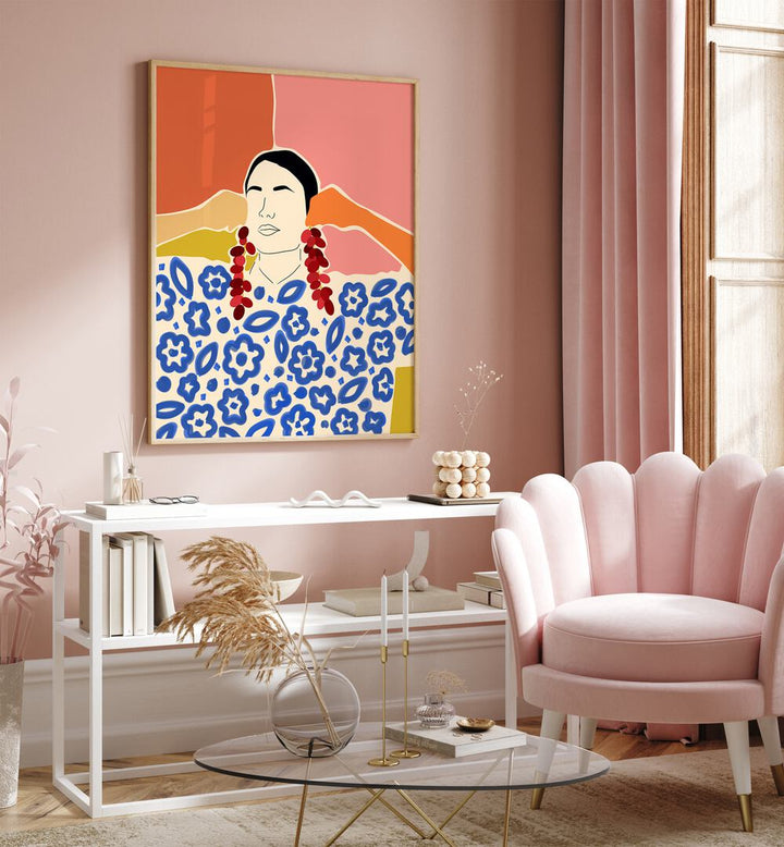 Trends By Uma Gokhale Woman Illustration Paintings in Oak Wood Plain Frame on a pink wall above a white table