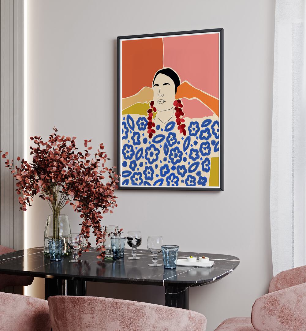 Trends By Uma Gokhale Woman Illustration Paintings in Black Plain Frame on a white wall above  a dining table