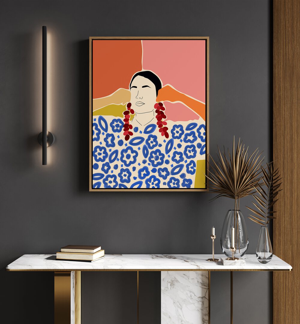 Trends By Uma Gokhale Woman Illustration Paintings in Oak Wood Floater Frame on a wall above a white table