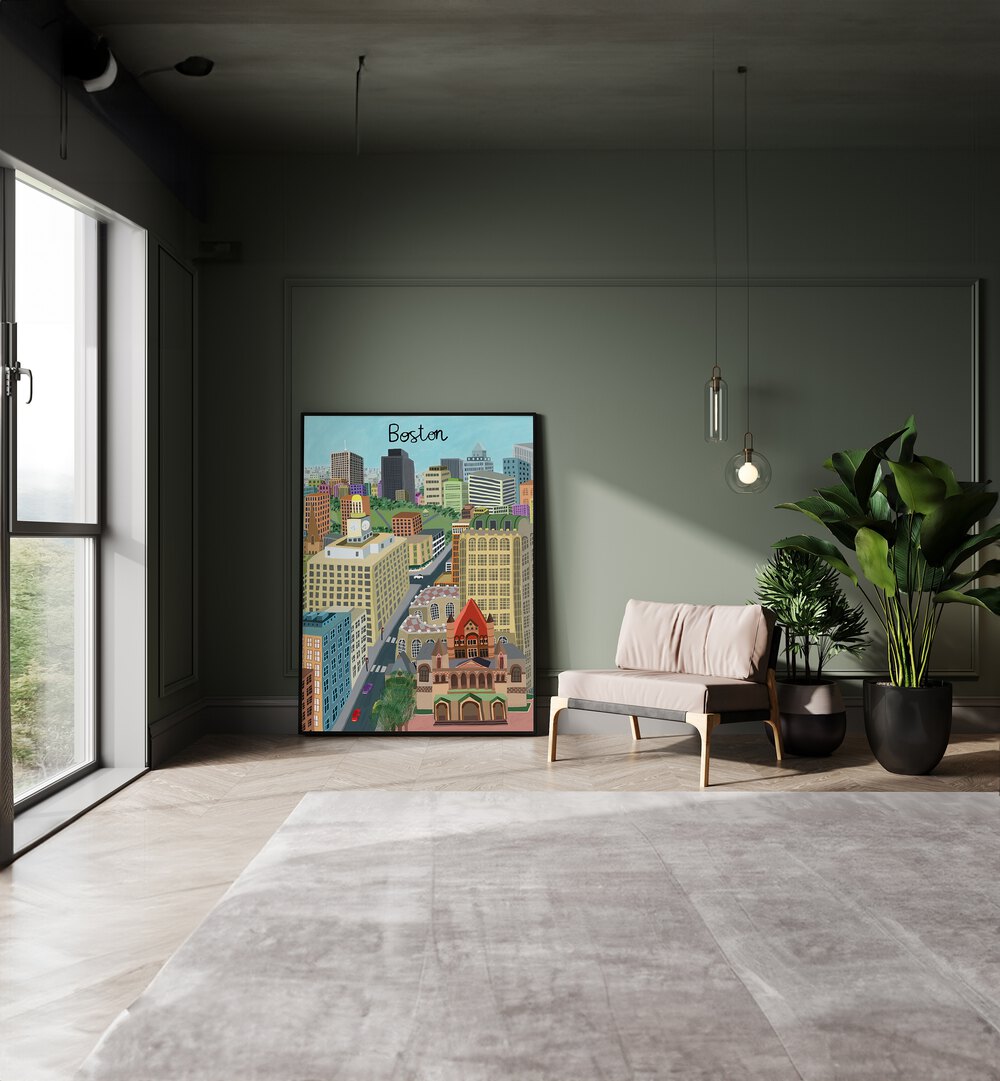 Trinity Church and Boston City Skyline by Carla Daly Travel Posters in Black Plain Frame placed on a floor between a sofa and a window