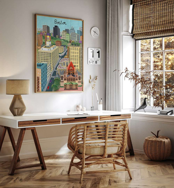 Trinity Church and Boston City Skyline by Carla Daly Travel Posters in Oak Wood Plain Frame placed on a wall behind a study table and beside a window