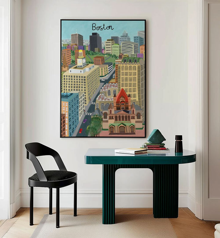 Trinity Church and Boston City Skyline by Carla Daly Travel Posters in Black Plain Frame placed on a wall behind a study table