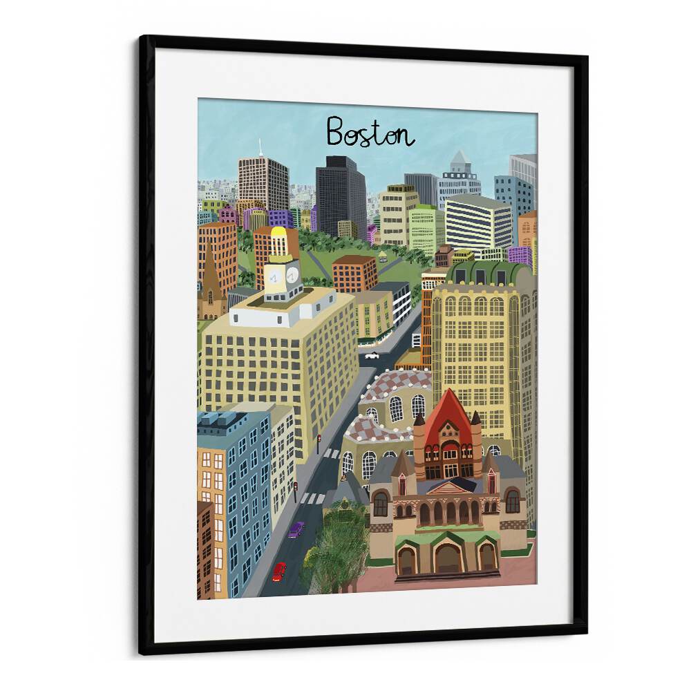 Trinity Church and Boston City Skyline by Carla Daly Travel Posters in Black Frame With Mount