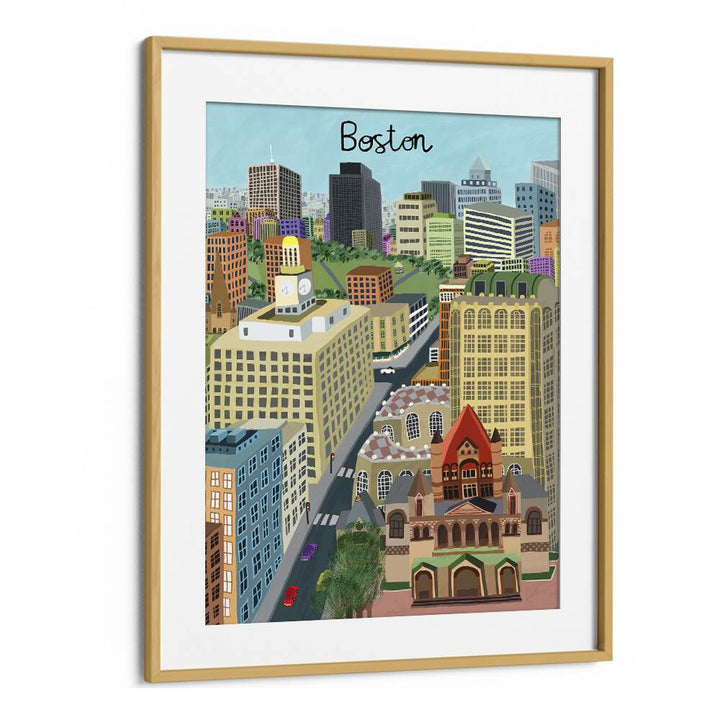 Trinity Church and Boston City Skyline by Carla Daly Travel Posters in Oak Wood Frame With Mount