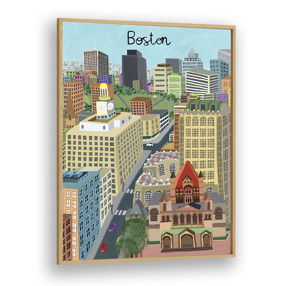 Trinity Church and Boston City Skyline by Carla Daly Travel Posters in Oak Wood Plain Frame