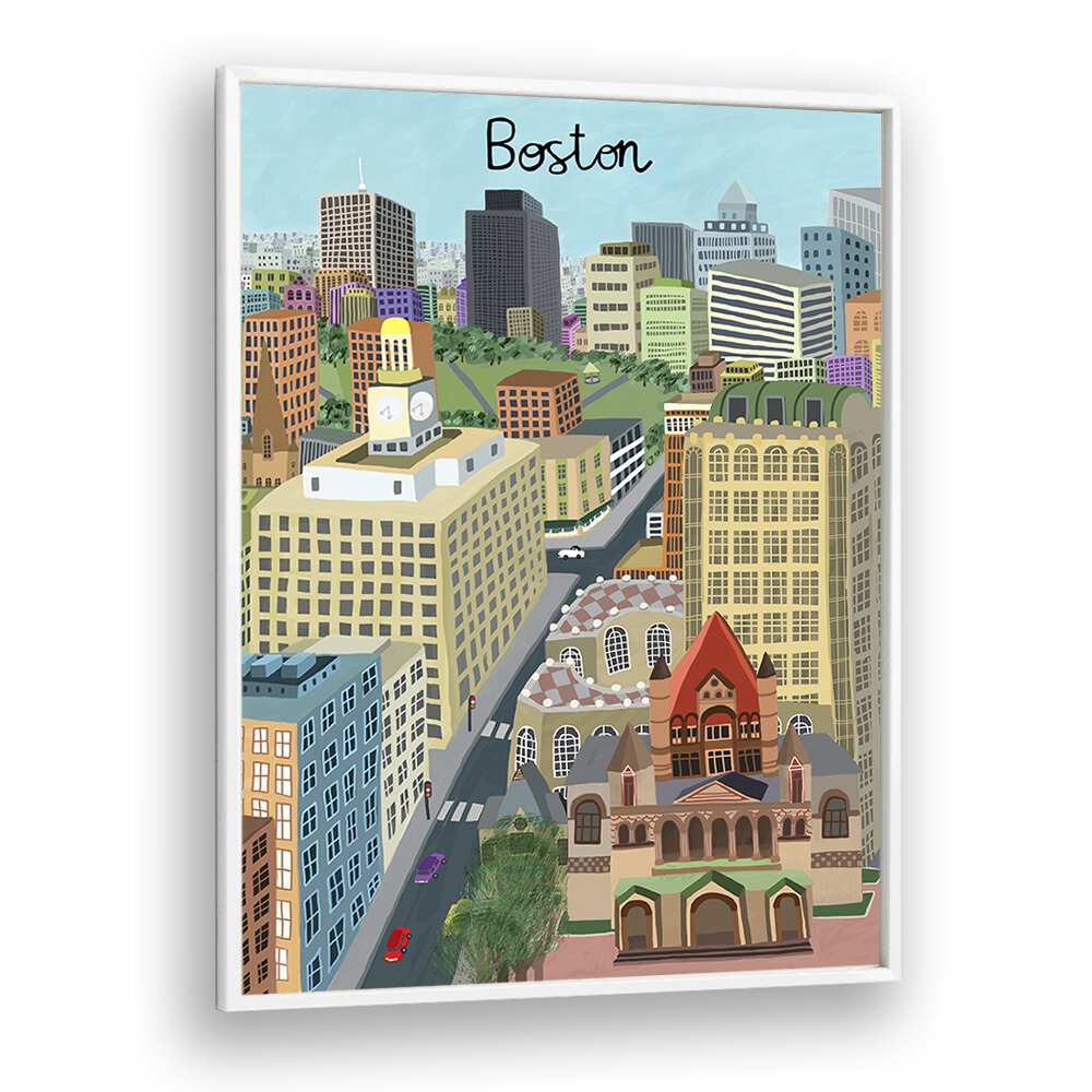 Trinity Church and Boston City Skyline by Carla Daly Travel Posters in White Plain Frame