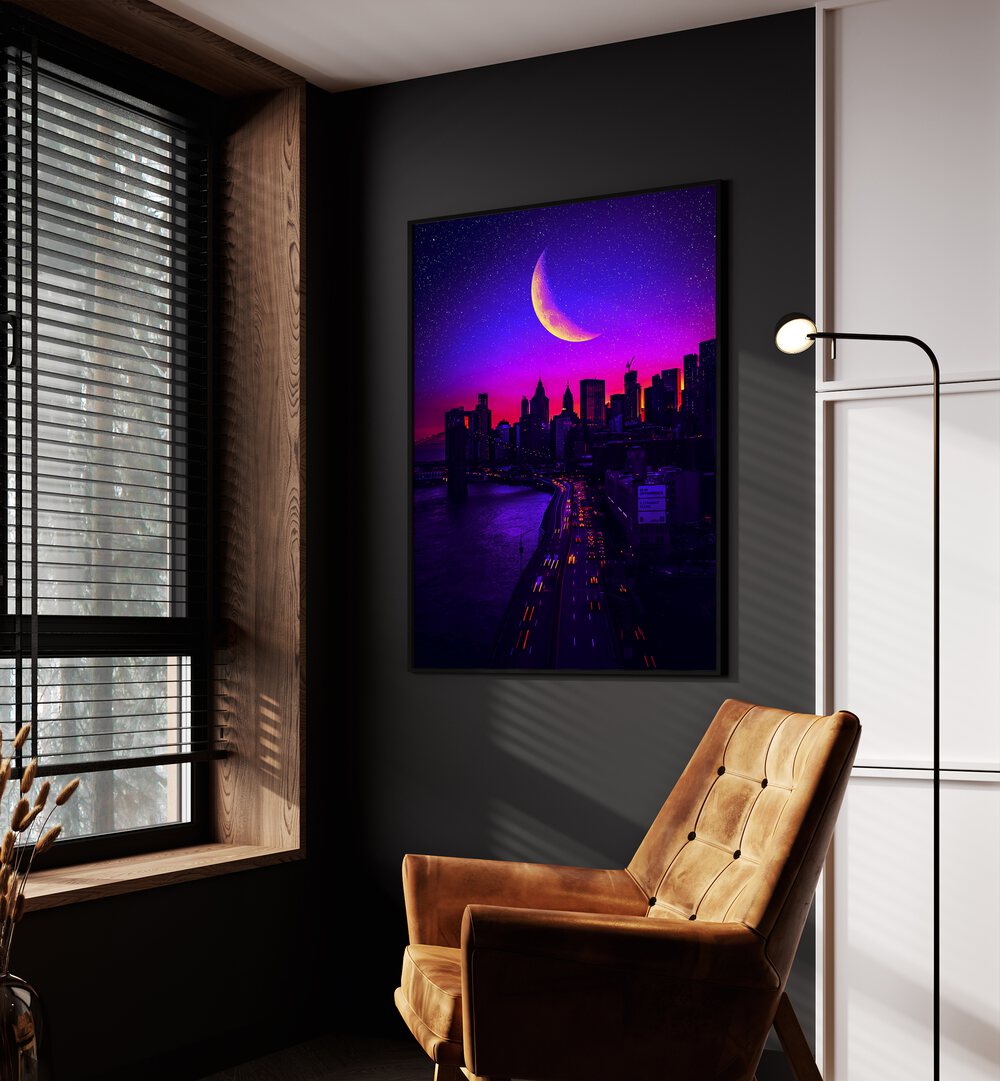 Tripping In Manhattan By Ritvik Takkar Surrealism in Black Plain Frame placed on a Dark Grey Colored Wall in the Drawing Room