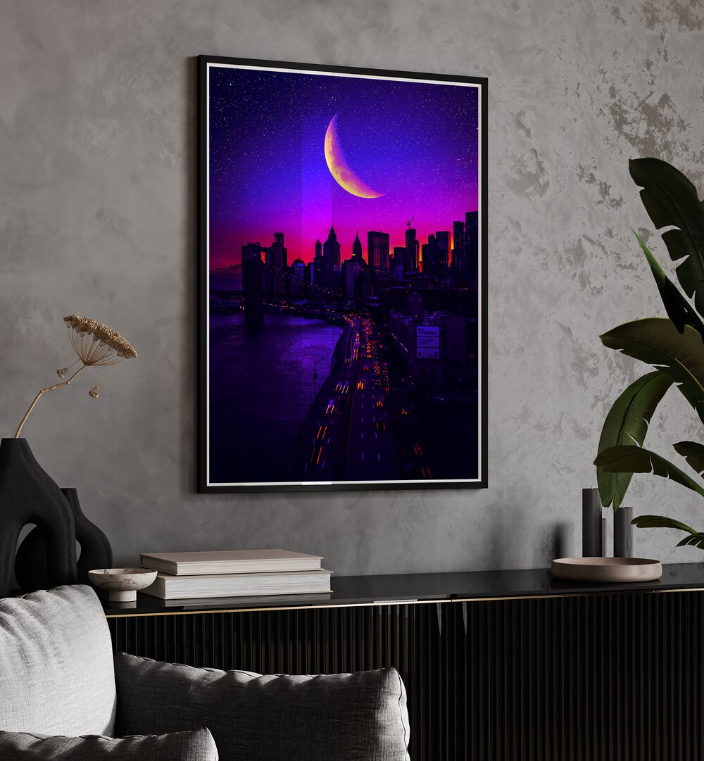 Tripping In Manhattan By Ritvik Takkar Surrealism in Black Plain Frame placed on a Grey Colored Wall above a Console Table in the Living Room