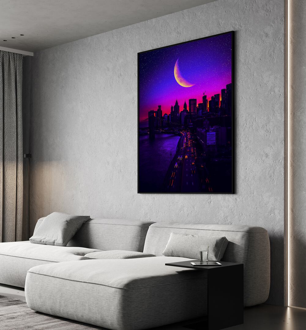 Tripping In Manhattan By Ritvik Takkar Surrealism in Black Plain Frame placed on a Grey Colored Wall near a Grey Sofa in the Living Room