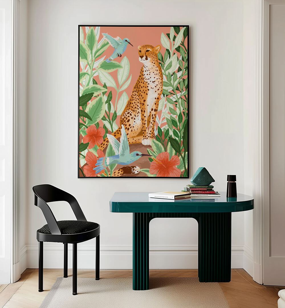 Tropic Cheetah By Goed Blauw Kids Room Art in Black Plain Frame placed on a Cream Colored Wall above a Table in the Drawing Room