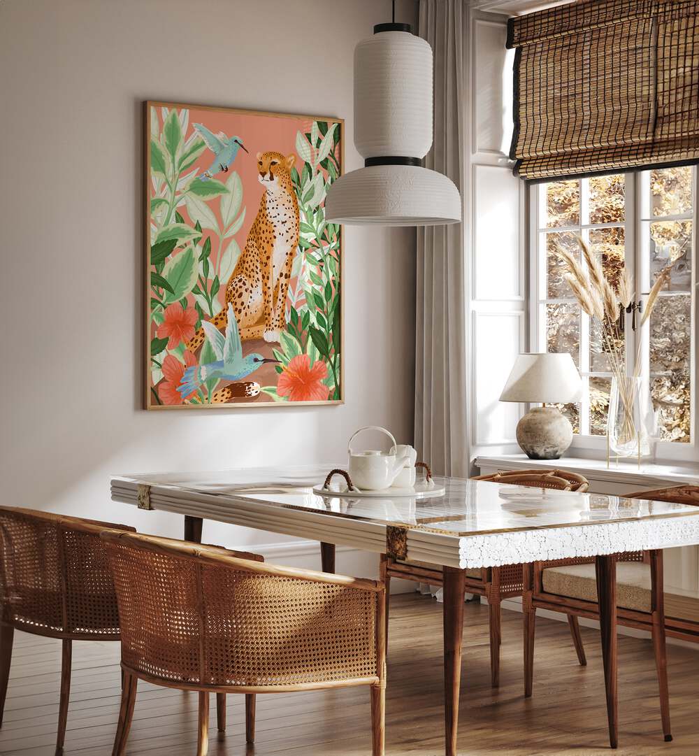 Tropic Cheetah By Goed Blauw Kids Room Art in Oak Wood Plain Frame placed on a Cream Colored Wall near a Dining Table in the Dining Room