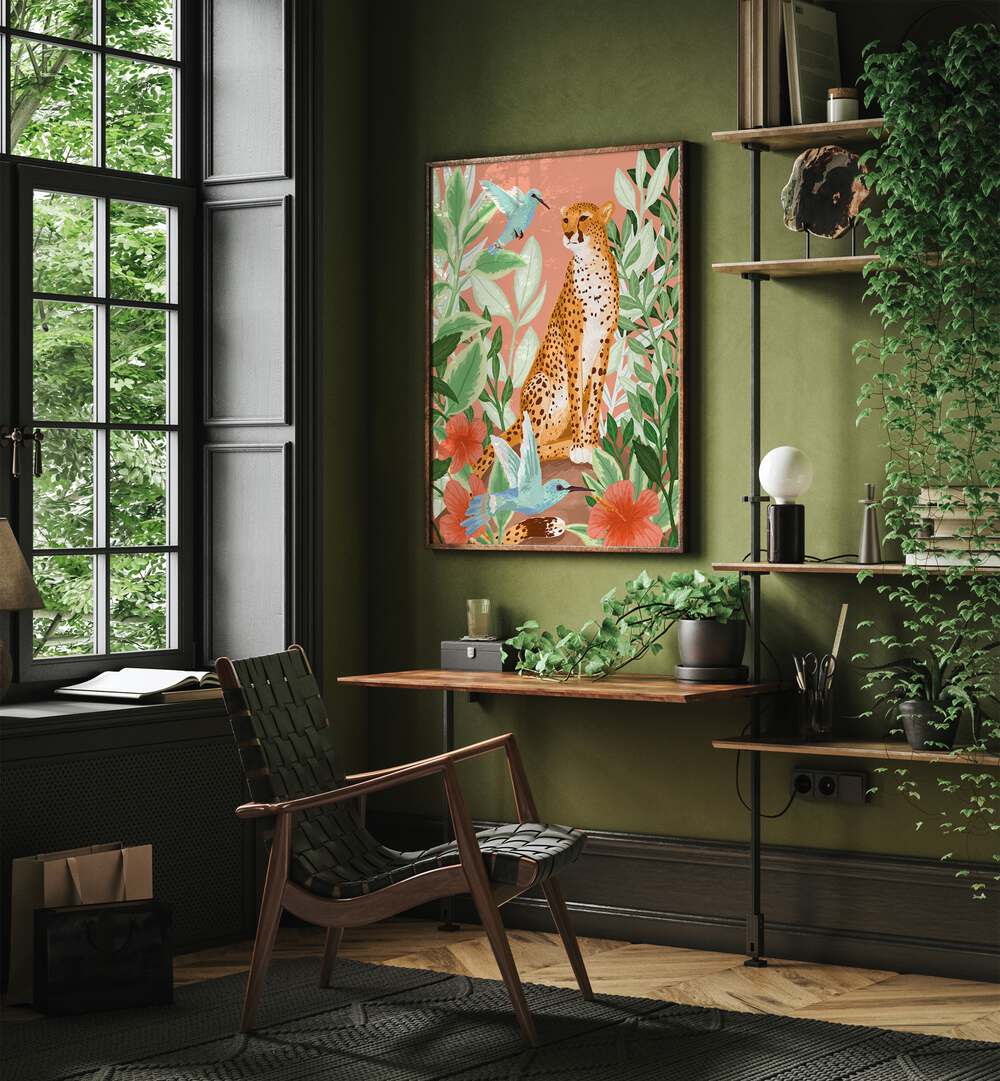 Tropic Cheetah By Goed Blauw Kids Room Art in Dark Wood Plain Frame placed on a Green Colored Wall in the Drawing Room