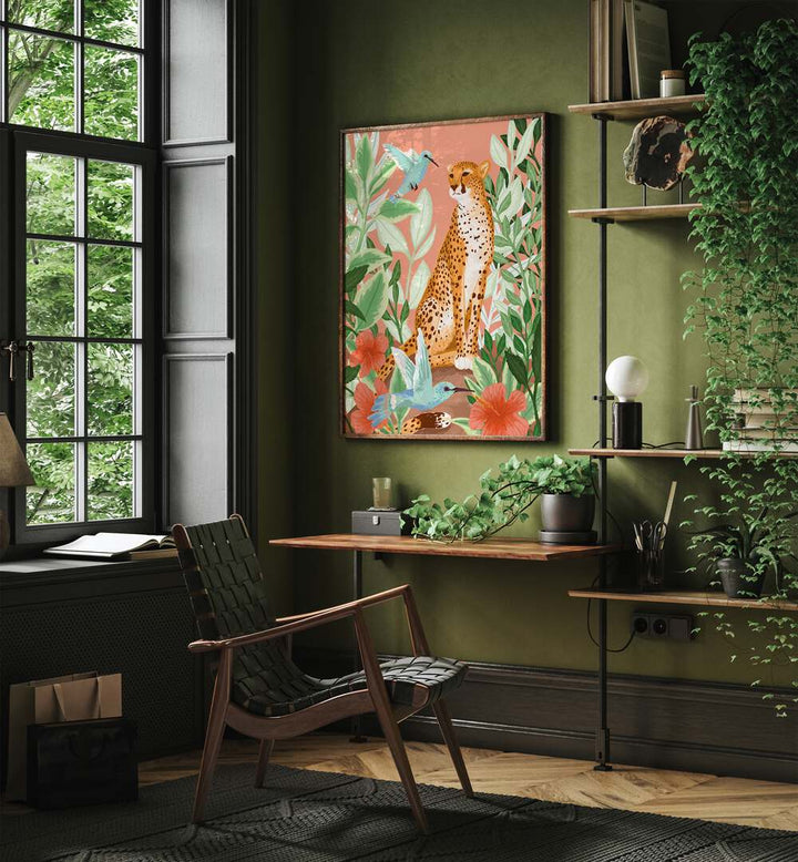 Tropic Cheetah By Goed Blauw Kids Room Art in Dark Wood Plain Frame placed on a Green Colored Wall in the Drawing Room