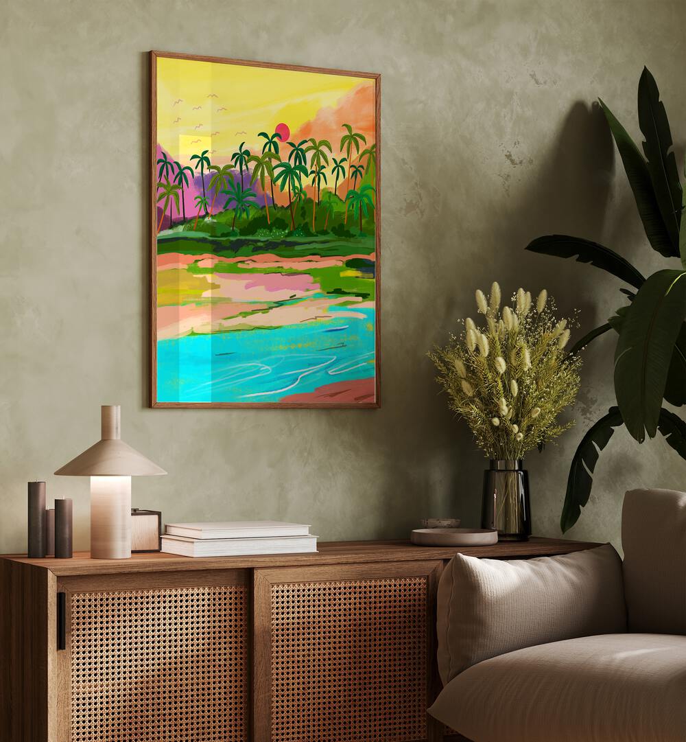 Tropical Backwaters Of Kerala By Uma Gokhale Travel Paintings in Oak Wood Plain Frame on a wall above a console table beside a sofa