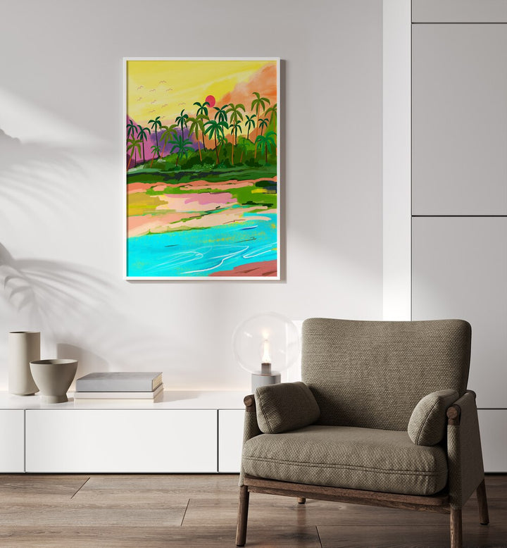 Tropical Backwaters Of Kerala By Uma Gokhale Travel Paintings in White Plain Frame on a white wall above a white console table