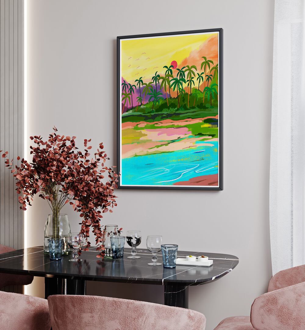 Tropical Backwaters Of Kerala By Uma Gokhale Travel Paintings in Black Plain Frame on a white wall above a dining table