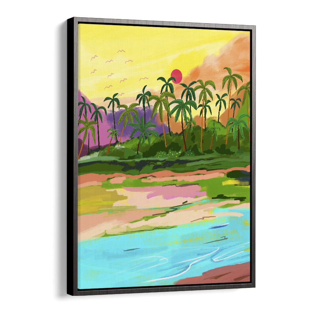 Tropical Backwaters Of Kerala By Uma Gokhale Travel Paintings in Black Floater Frame