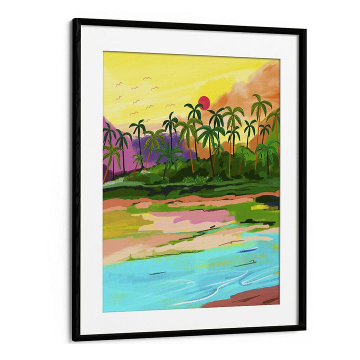 Tropical Backwaters Of Kerala By Uma Gokhale Travel Paintings in Black Frame With Mount