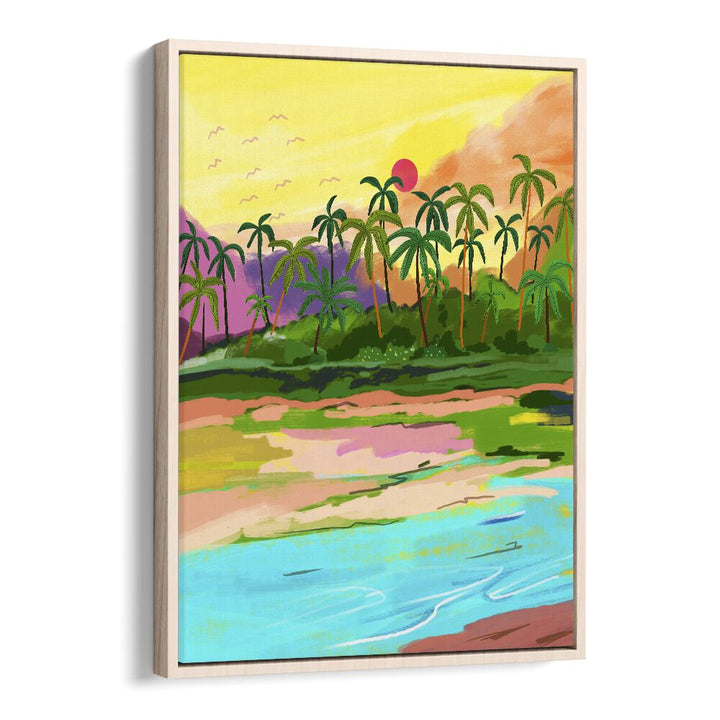 Tropical Backwaters Of Kerala By Uma Gokhale Travel Paintings in Oak Wood Floater Frame