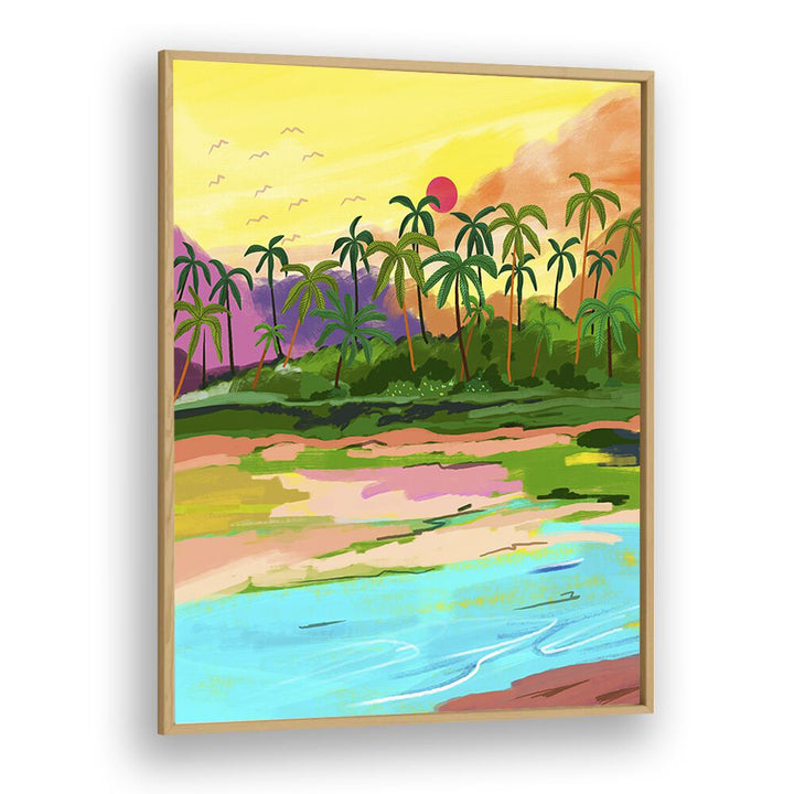 Tropical Backwaters Of Kerala By Uma Gokhale Travel Paintings in Oak Wood Plain Frame