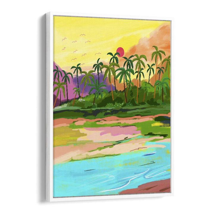 Tropical Backwaters Of Kerala By Uma Gokhale Travel Paintings in White Floater Frame