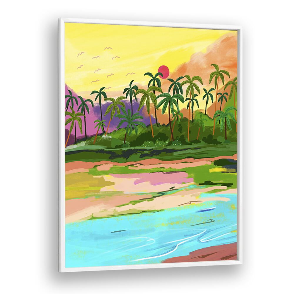 Tropical Backwaters Of Kerala By Uma Gokhale Travel Paintings in White Plain Frame