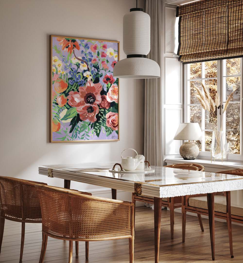 Tropical Bouqet By Ania Zwara Botanical Art Prints Floral Paintings in Oak Wood Plain Frame placed on a Cream Colored Wall near a Dining Table in the Dining Room