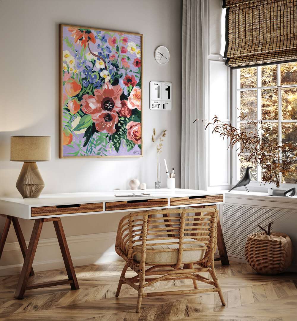 Tropical Bouqet By Ania Zwara Botanical Art Prints Floral Paintings in Oak Wood Plain Frame placed on a White Colored Wall near a Study Table in the Drawing Room