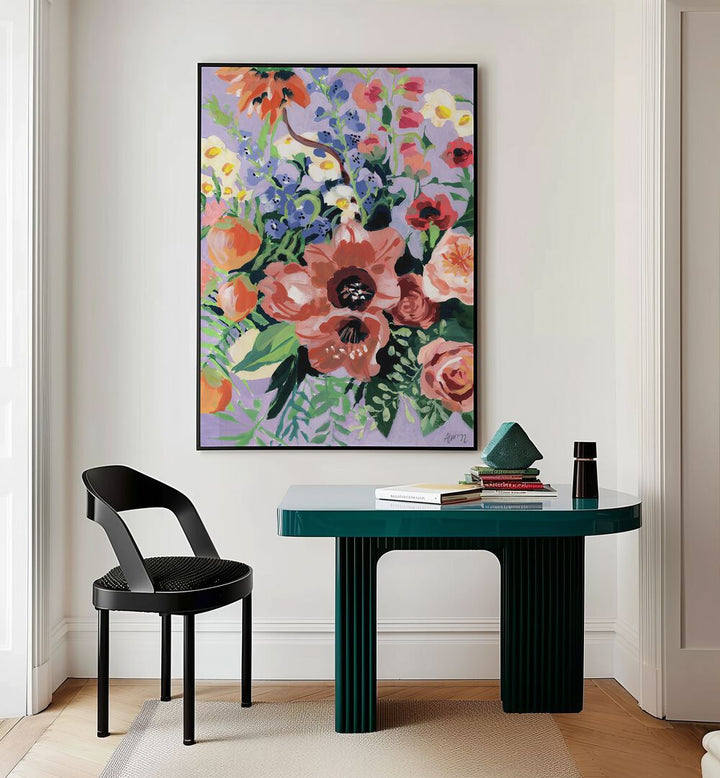 Tropical Bouqet By Ania Zwara Botanical Art Prints Floral Paintings in Black Plain Frame placed on a Cream Colored Wall near a Table in a Workspace in the Drawing Room