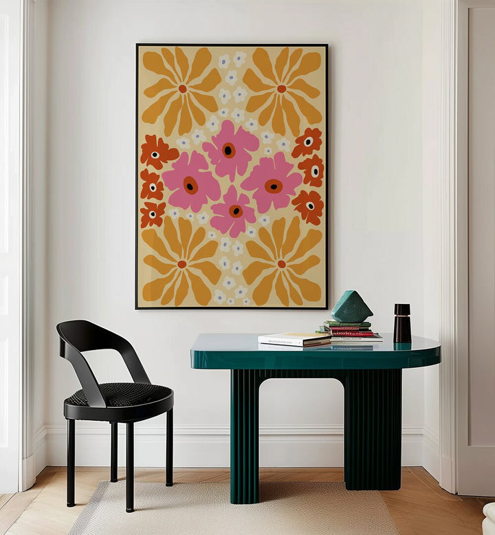 Tropical Dream By Miho Art Studio Botanical Art Prints Floral Paintings in Black Plain Frame placed on a Cream Colored Wall near a Table in a Workspace in the Drawing Room