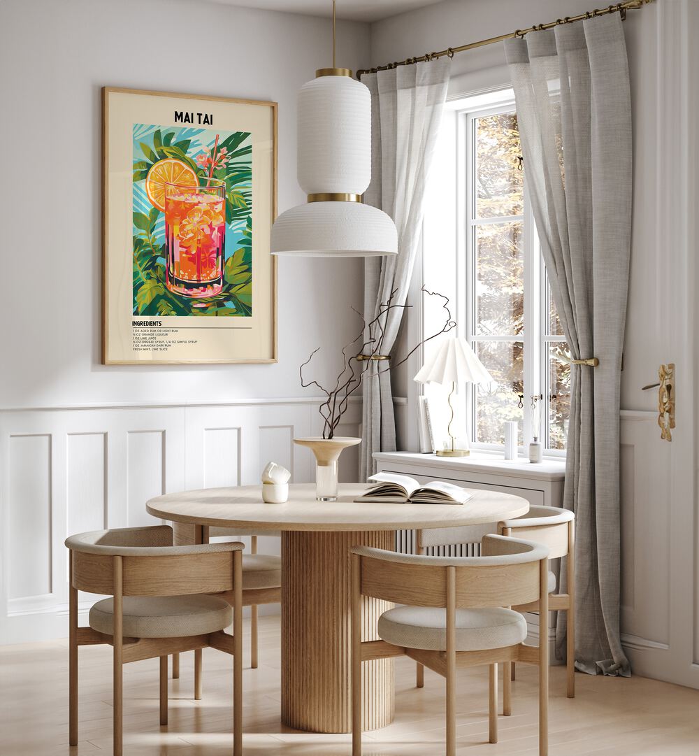 Tropical Elegance Mai Tai Cafe Art Prints Cafe Posters in Oak Wood Plain Frame placed on a wall in a dining room area beside a window and behind a dining table