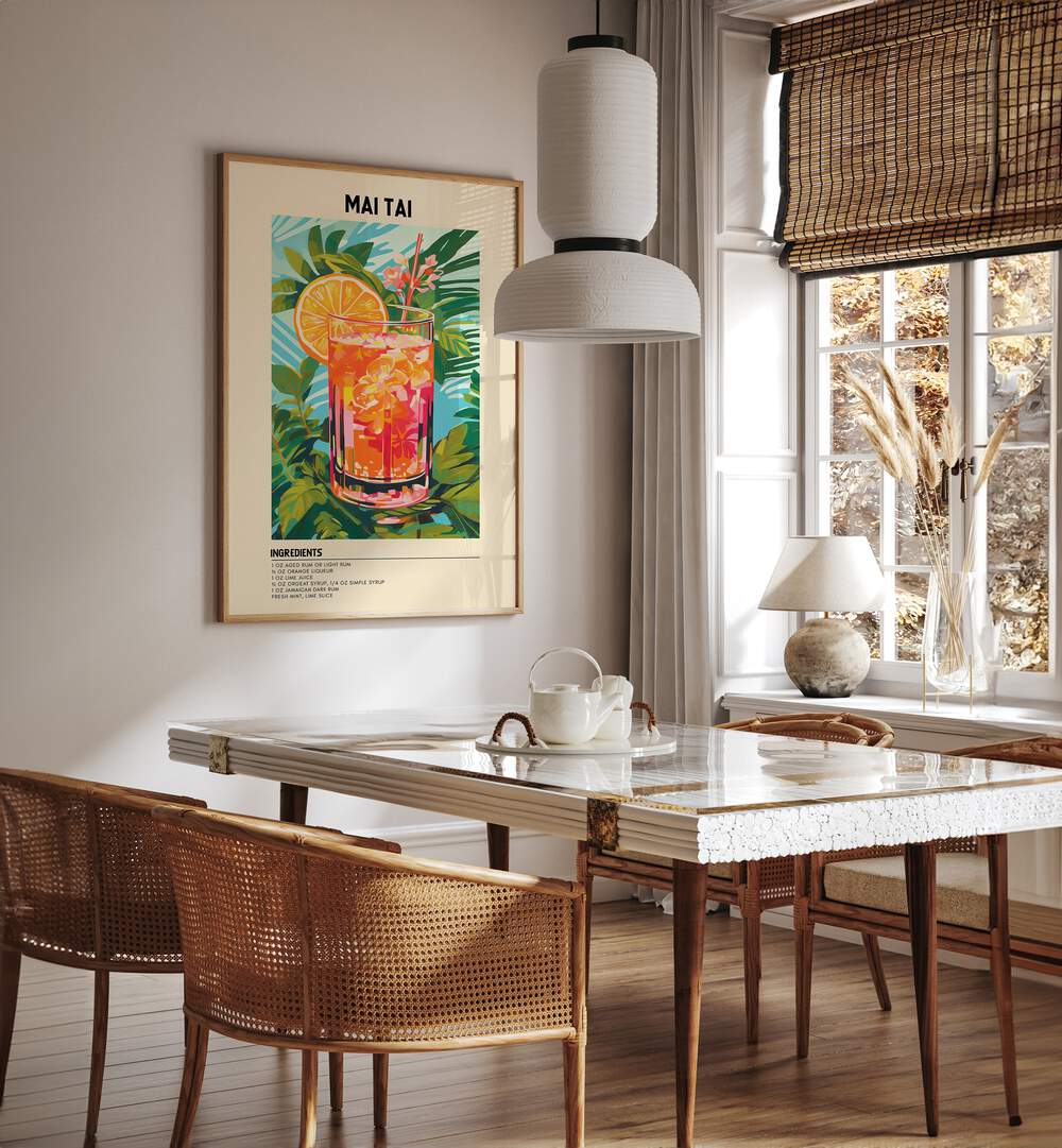 Tropical Elegance Mai Tai Cafe Art Prints Cafe Posters in Oak Wood Plain Frame placed on a wall in a dining room area beside a window and behind a dining table