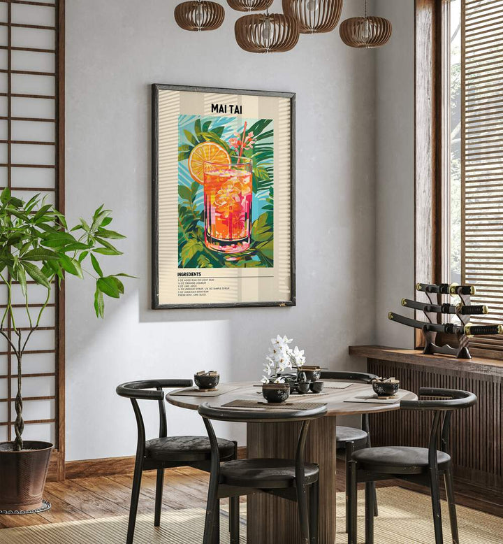 Tropical Elegance Mai Tai Cafe Art Prints Cafe Posters in Black Plain Frame placed on a wall in a dining room area beside a window and behind a dining table