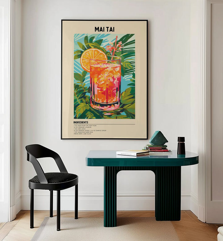 Tropical Elegance Mai Tai Cafe Art Prints Cafe Posters in Black Plain Frame placed on a wall behind a study table