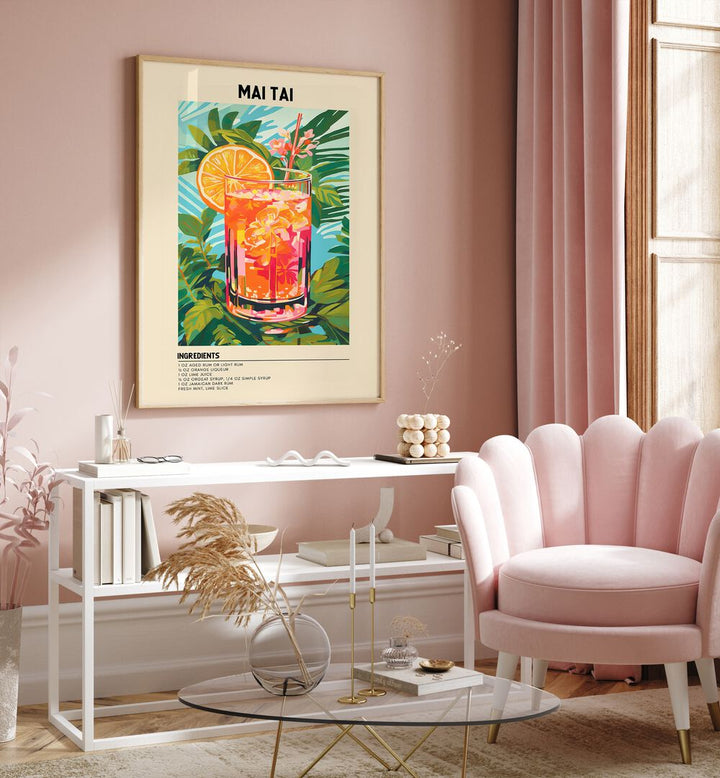 Tropical Elegance Mai Tai Cafe Art Prints Cafe Posters in Oak Wood Plain Frame placed on a wall behind a table