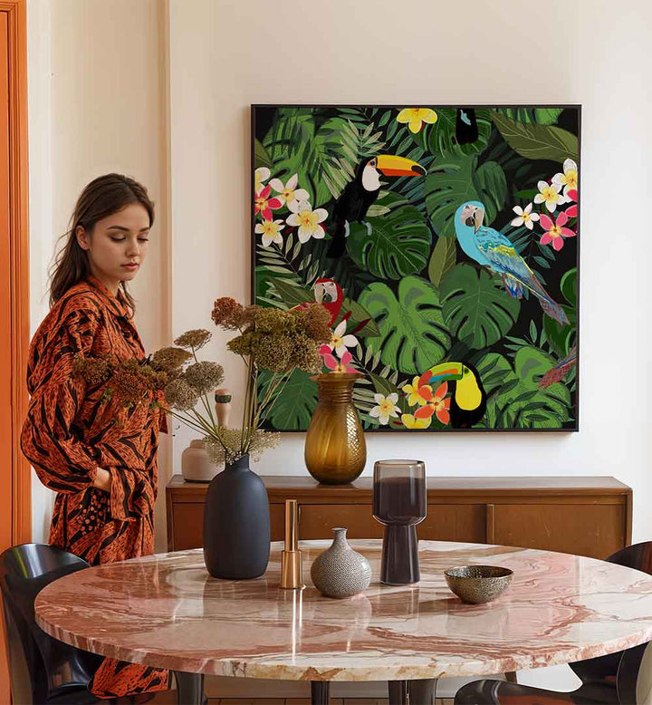 TROPICAL FOREST BLACK , ANIMAL PAINTINGS featuring toucans, parrots and lush tropical leaves on a black background