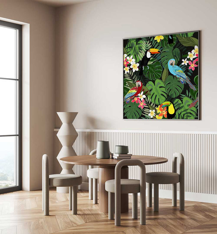 TROPICAL FOREST BLACK , ANIMAL PAINTINGS wall art with colorful parrots and toucans among lush tropical leaves