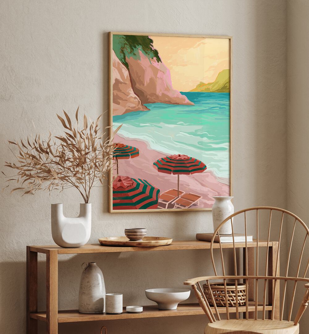 Tropical Holiday By Goed Blauw Landscape Art Prints in Oak Wood Plain Frame placed on a Beige Colored Wall above a Console Table in the Drawing Room