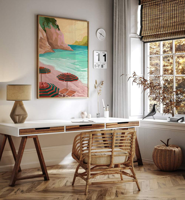 Tropical Holiday By Goed Blauw Landscape Art Prints in Oak Wood Plain Frame placed on a White Colored Wall above a Study Table in the Work Space in the Drawing Room