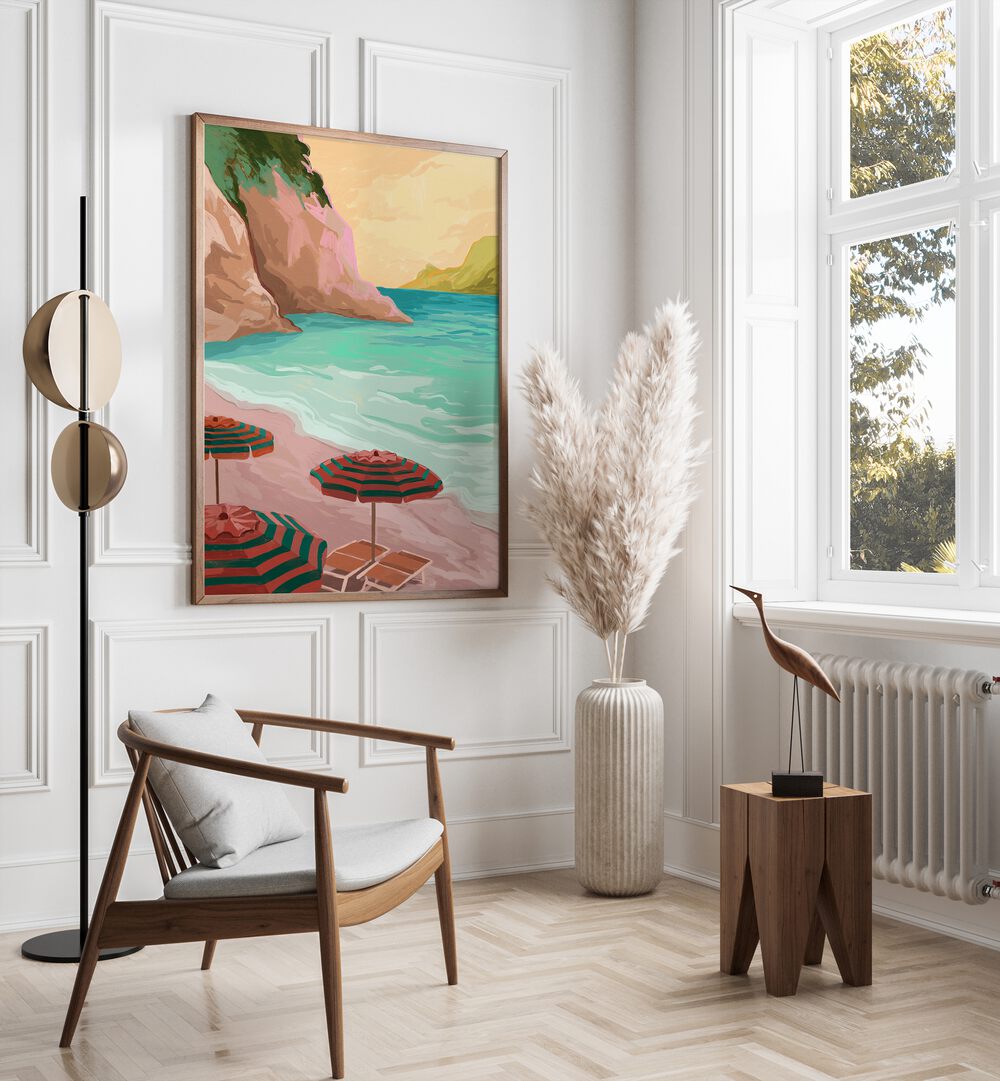 Tropical Holiday By Goed Blauw Landscape Art Prints in Dark Wood Plain Frame placed on a White Colored Wall in the Drawing Room